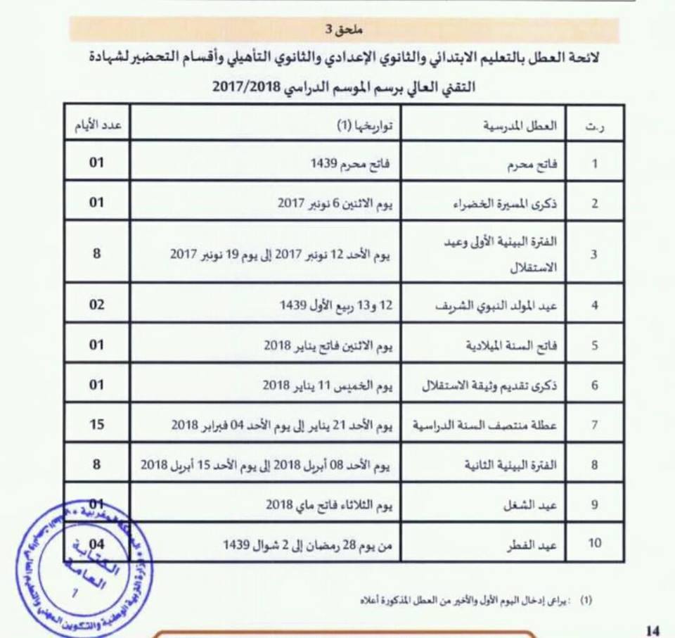 Calendrier Vacances Scolaires Maroc 2017-2018