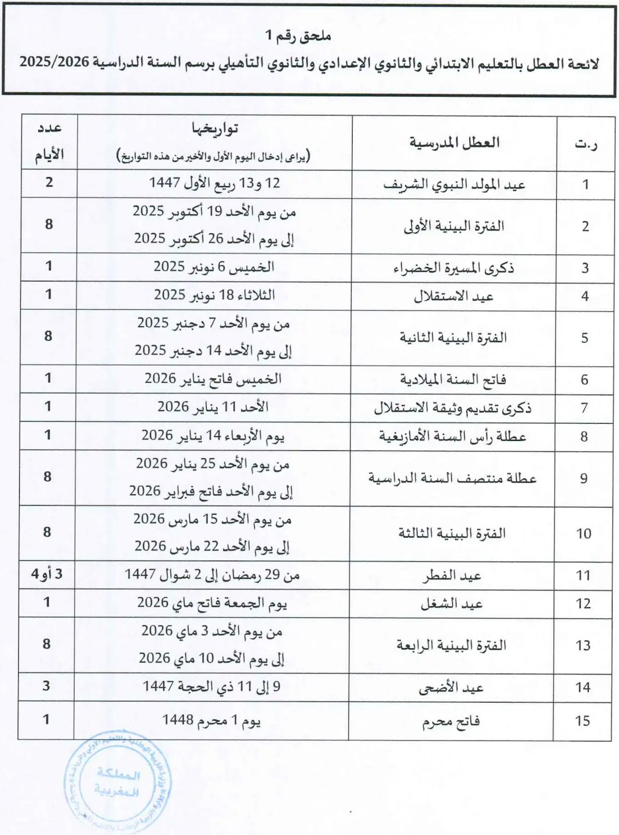 لائحة العطل المدرسية 2025-2026